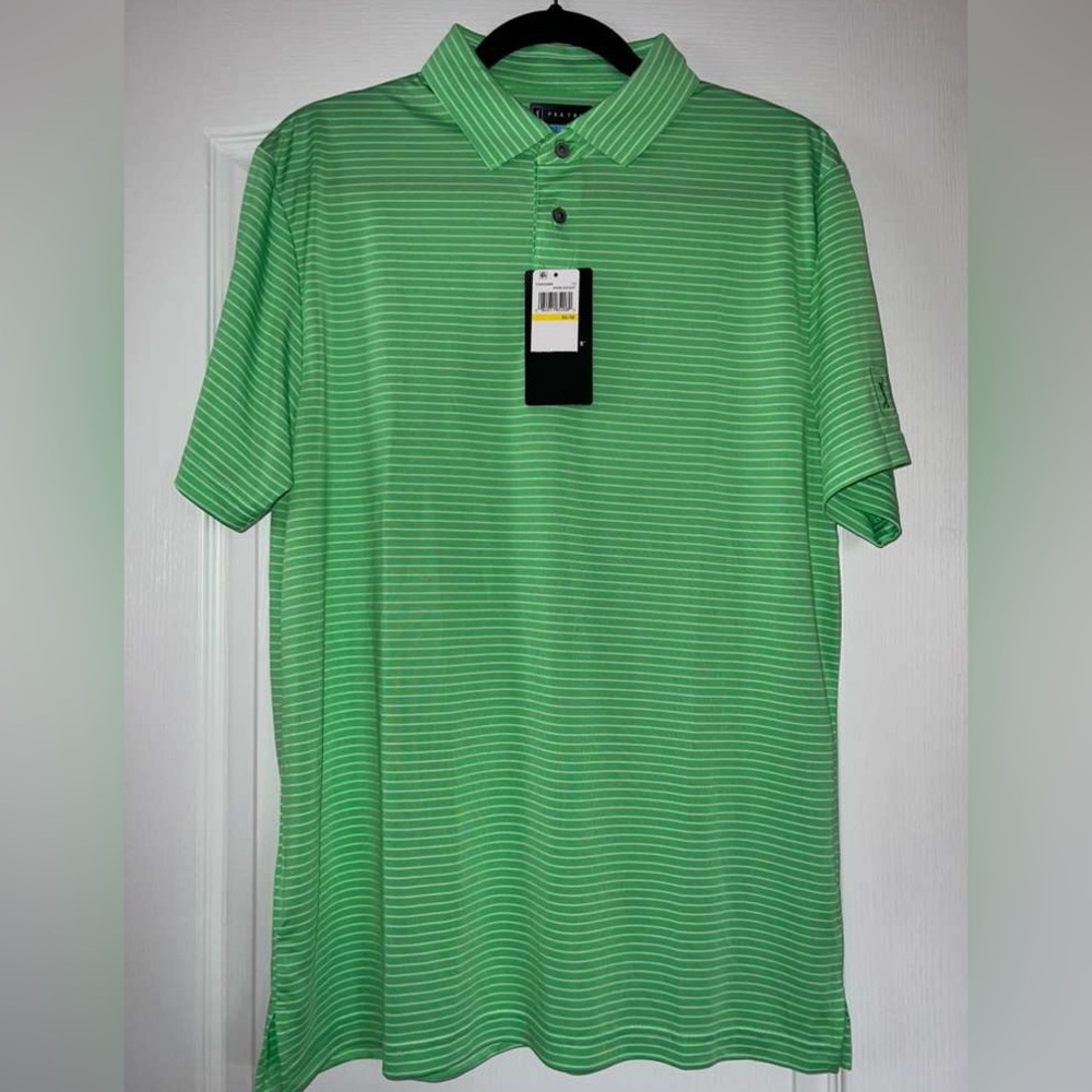 PGA Tour Green and White Striped Polo Shirt